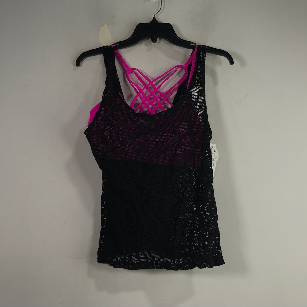 Belk Sporty Splice Crochet 2 For 1 Swim Top, Women's Size M - Black/Fuchsia